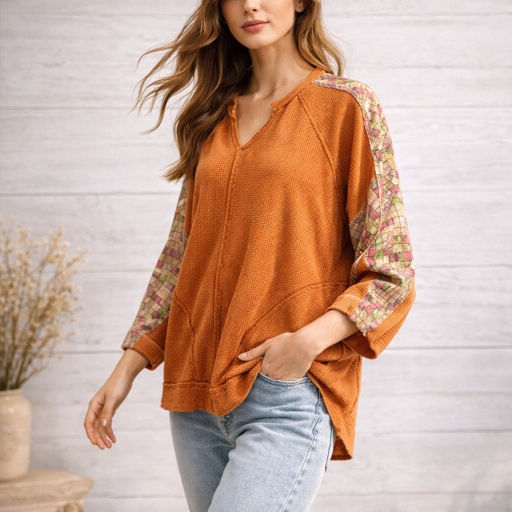 NWT Blue Velvet Patchwork waffle knit Top Rust Cottage Boho medium peasant